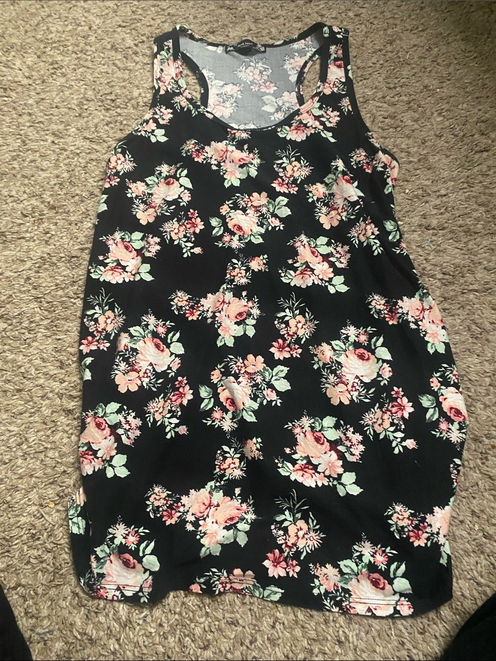 Derek Heart Black Floral Tank Dress with Peach and Mint Blooms